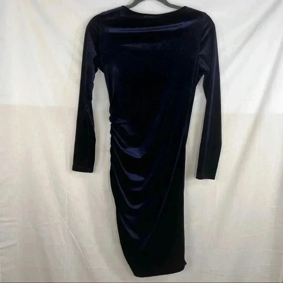 GUBBERRY Womens Velvet Wrap Dress Navy Blues Long Sleeve VNeck Bodycon Ruched M - Picture 5 of 13
